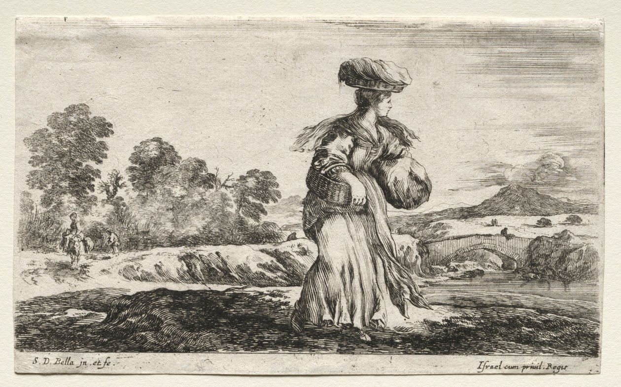 Various Figures and Landscapes: Peasant Woman Carrying a Basket on her Head by Stefano della Bella