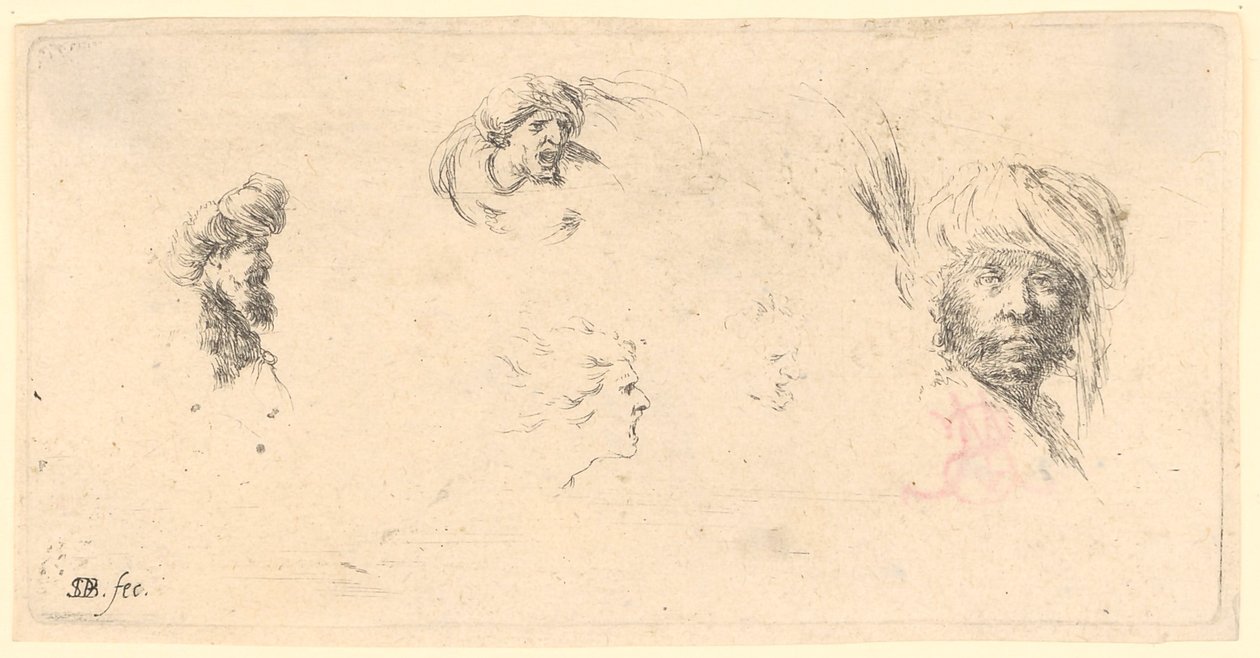 Various Head Studies, Right a Dark-Skinned Man with Turban by Stefano della Bella