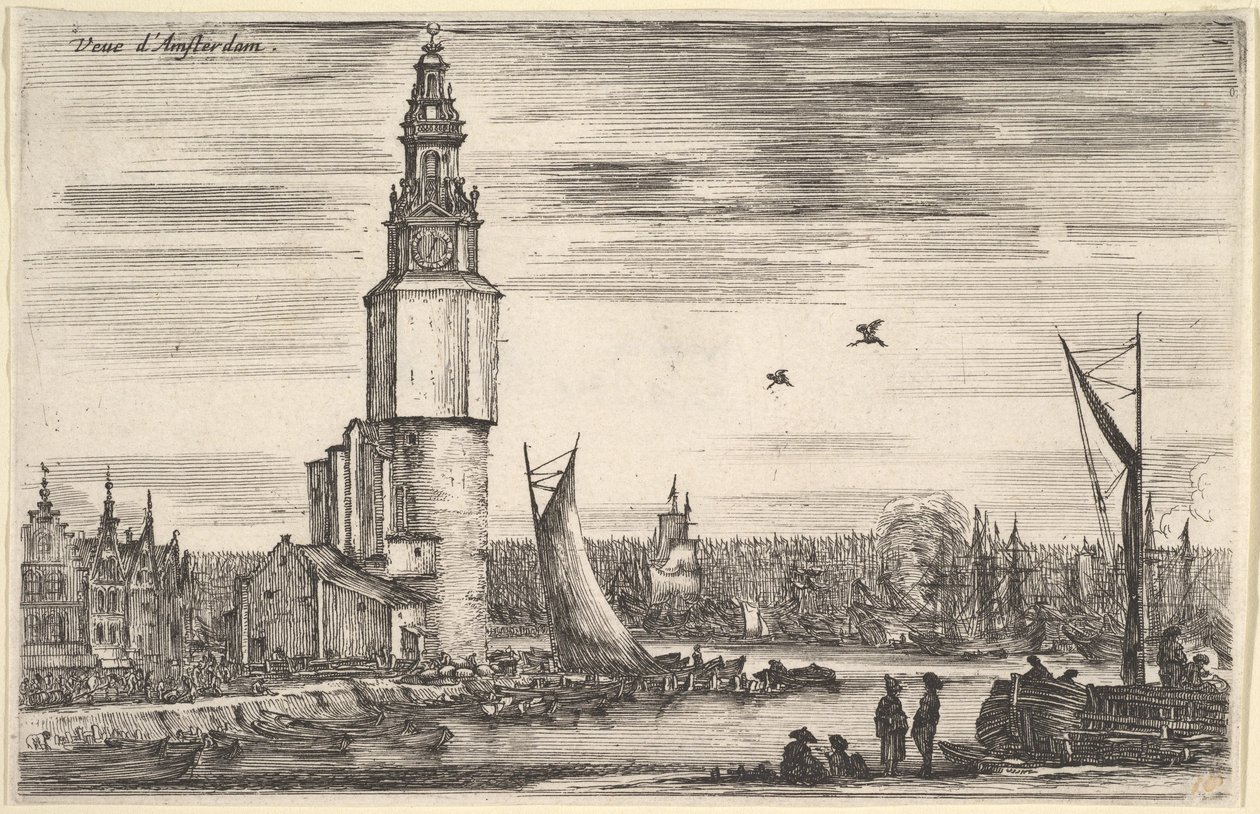 View of Amsterdam, a Tower and Houses to Left, Men Standing on the Pier by Stefano della Bella