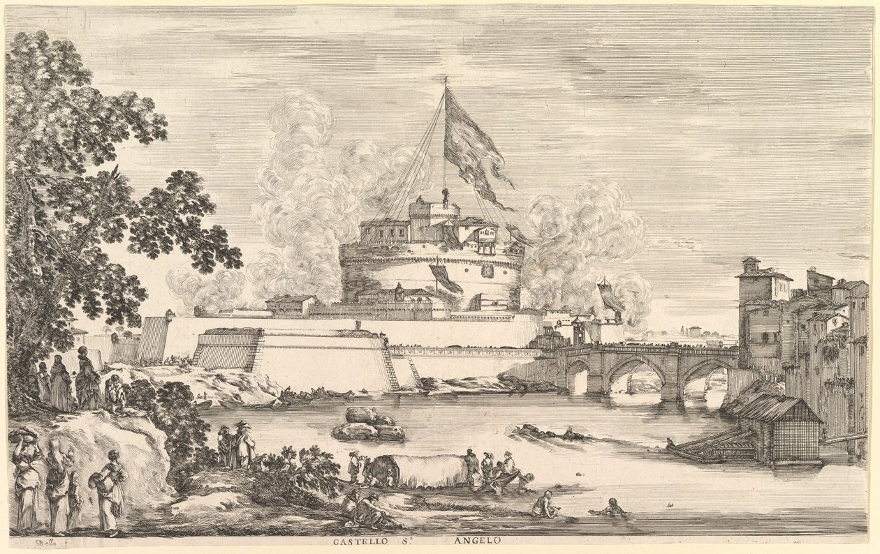 View of the Tiber River, a large tree to left, two groups of women to left in the foreground, ca. 1656 by Stefano della Bella