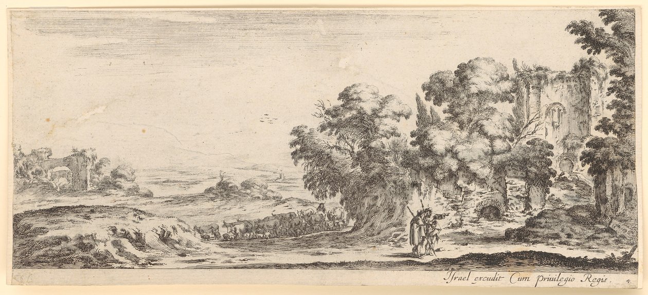 Two Pilgrims in Front of a Ruin, with a Herd of Cattle in the Background by Stefano della Bella