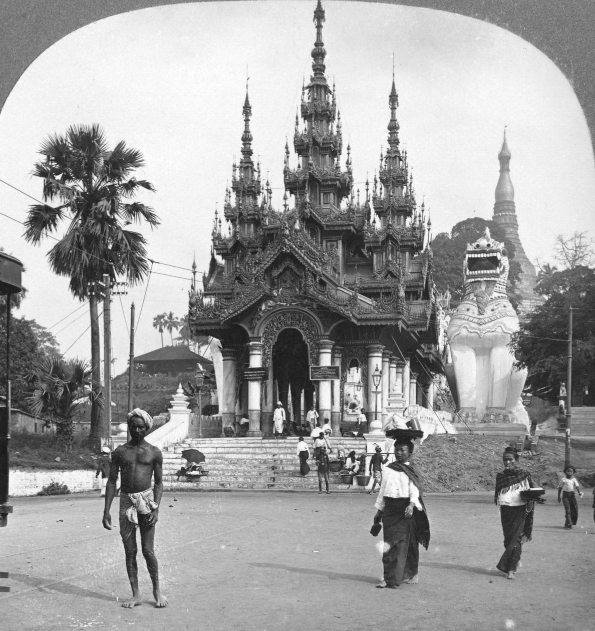 Main entrance, Shwedagon Pagoda, Rangoon, Burma, 1908 by Stereo Travel Co