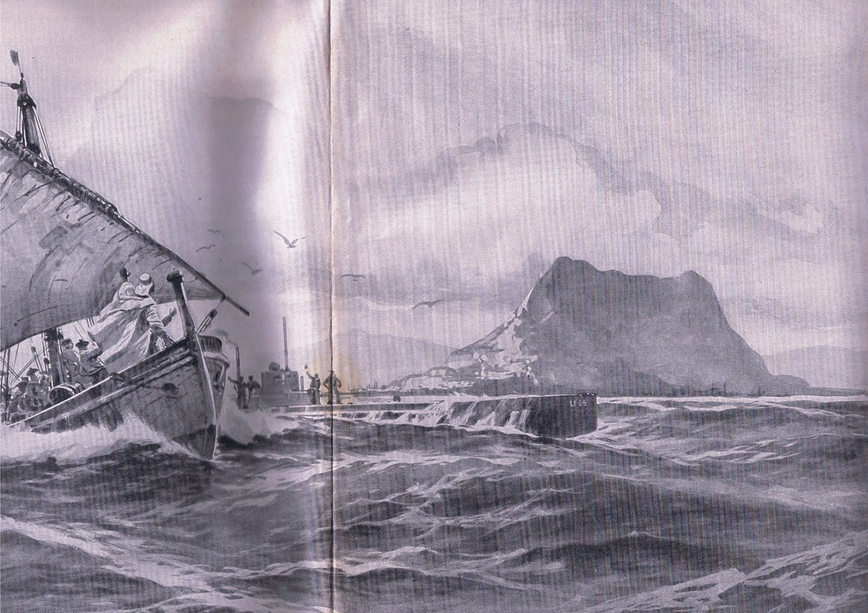 German submarine travelling through the straits of Gibraltar on the way to the Dardanelles, from The Illustrated History of the World War 1914-1915 by Willy Stoewer 
