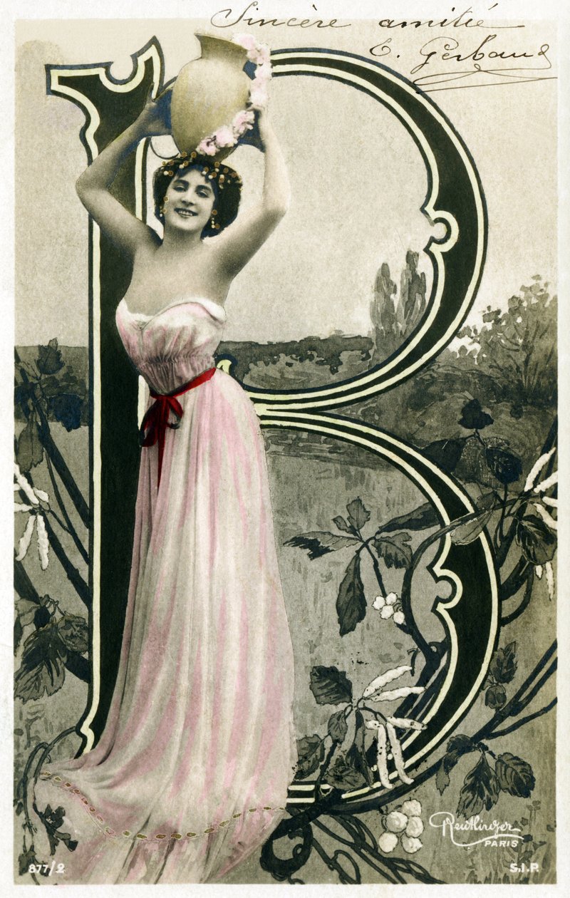 B: Bianca Toledo, artist, singer and Sevillian dancer from the Belle Epoque - Casino de Paris, Folies Bergere, Jardin de Paris - Alphabet in postcard by Studio Reutlinger