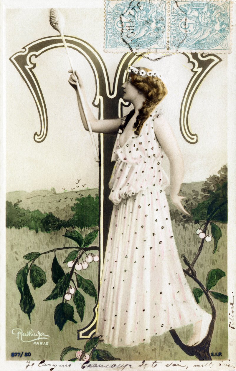 T: Louise Myriel, Actress and Lyric Singer from La Belle Epoque - Folies Bergere, Theatres du Gymnase, de la Gaite, Paris - Alphabet in Postcard by Studio Reutlinger