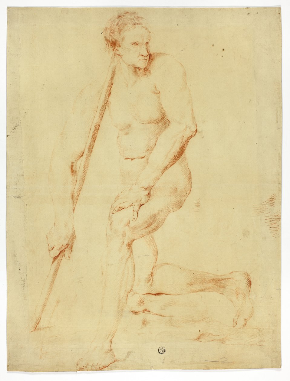 Academic Male Nude Leaning on Staff by Style of Pompeo Girolamo Batoni