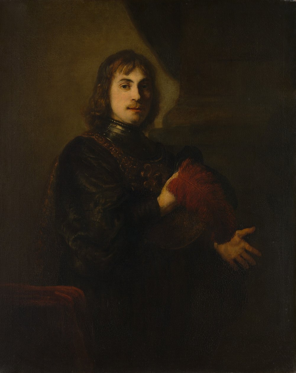 Portrait of a Man with a Breastplate and Plumed Hat by Style of Rembrandt