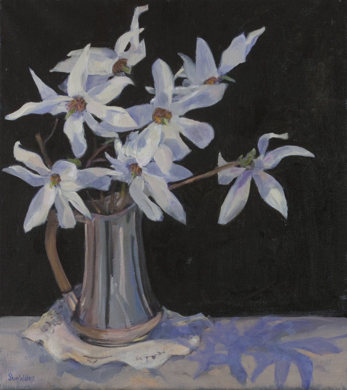 White Magnolias in Silver Jug, 2019 by Sue Wales