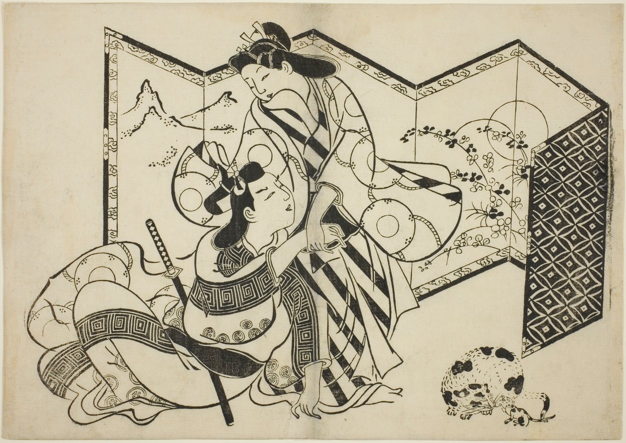 Lovers, a Cat, and a Mouse in front of a Folding Screen by Sugimura Jihei