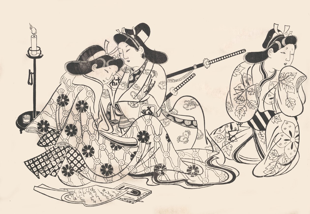 Samurai and Courtesan Seated, A Servant Beside Them by Sugimura Jihei