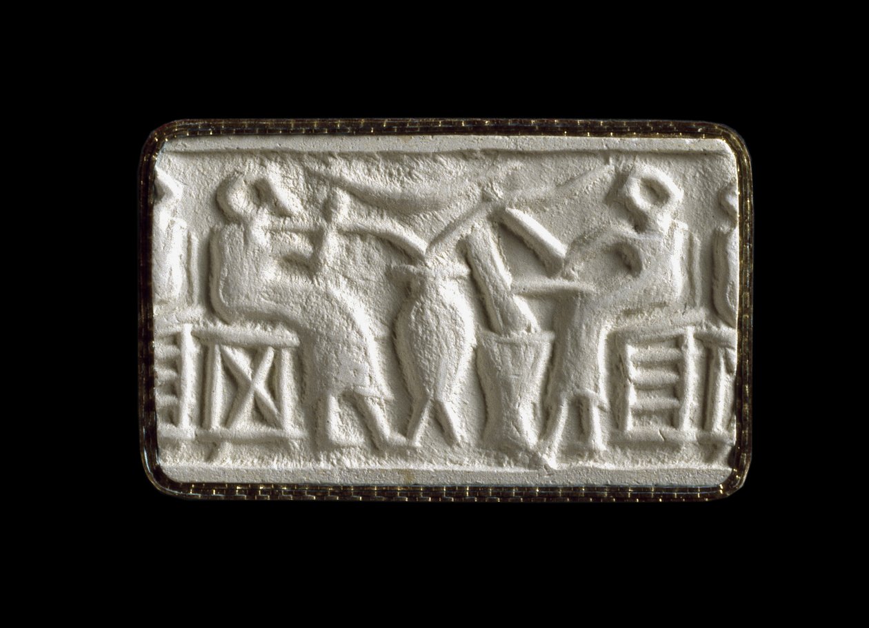 Cylinder Seal Impression of Two Seated Figures Drinking through Tubes, Kish, Iraq, Probably c.2500 BC by Sumerian