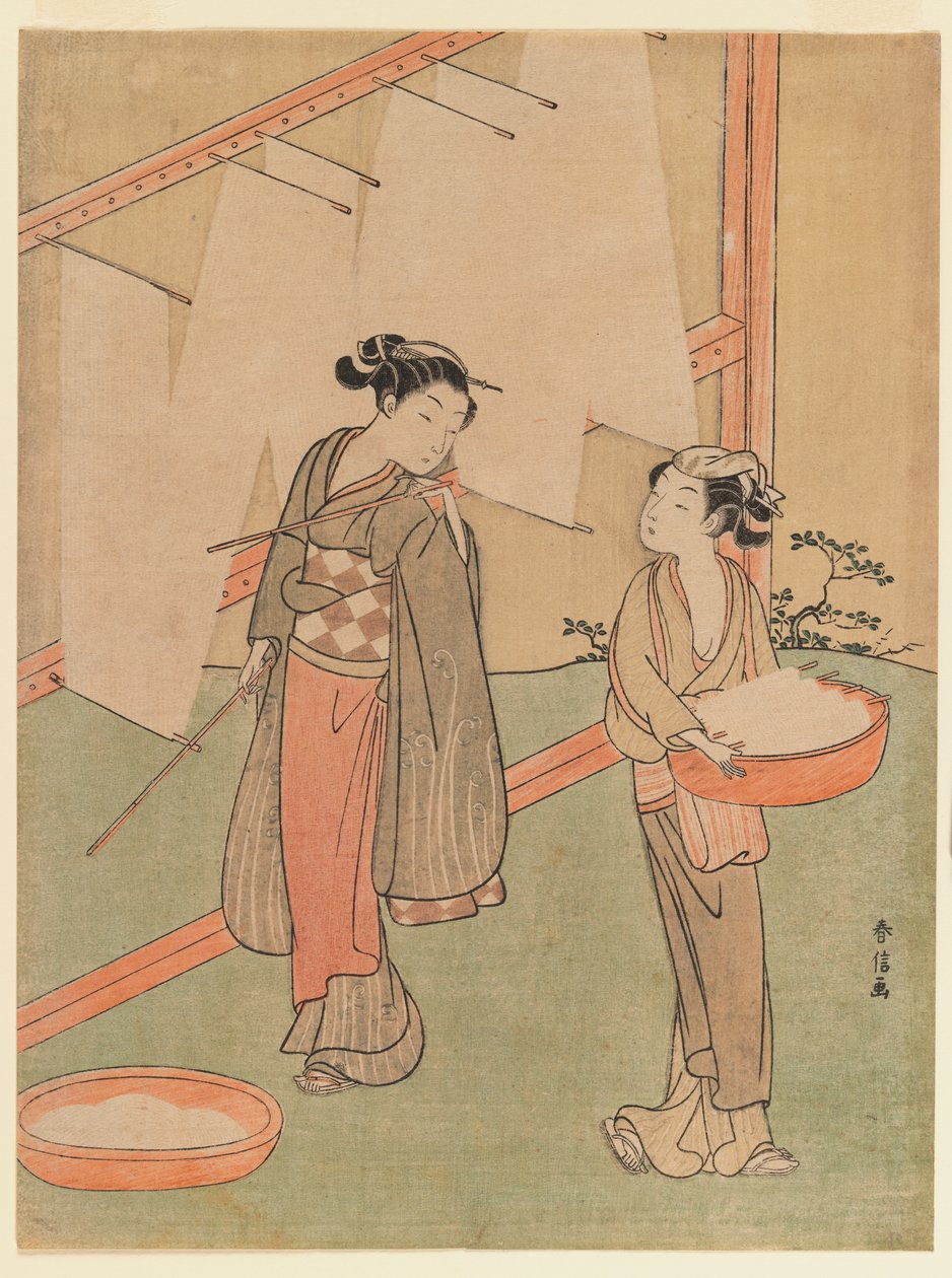 Young girl and servant drying Japanese fine noodles by Suzuki Harunobu