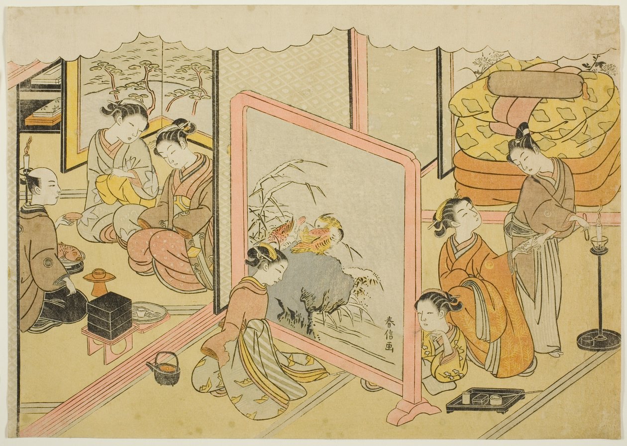A Cup of Sake before Bed (Toko sakazuki), the Sixth Sheet of the Series "Marriage in Brocade Prints, the Carriage of the Virtuous Woman (Konrei nishiki misao-guruma)" by Suzuki Harunobu