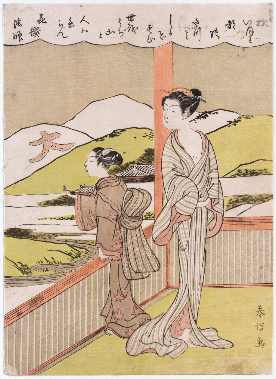 A Poem on the Autumn Moon by Kisen Hoshi, Illustrated with Two Girls on a Veranda Overlooking a Landscape by Suzuki Harunobu