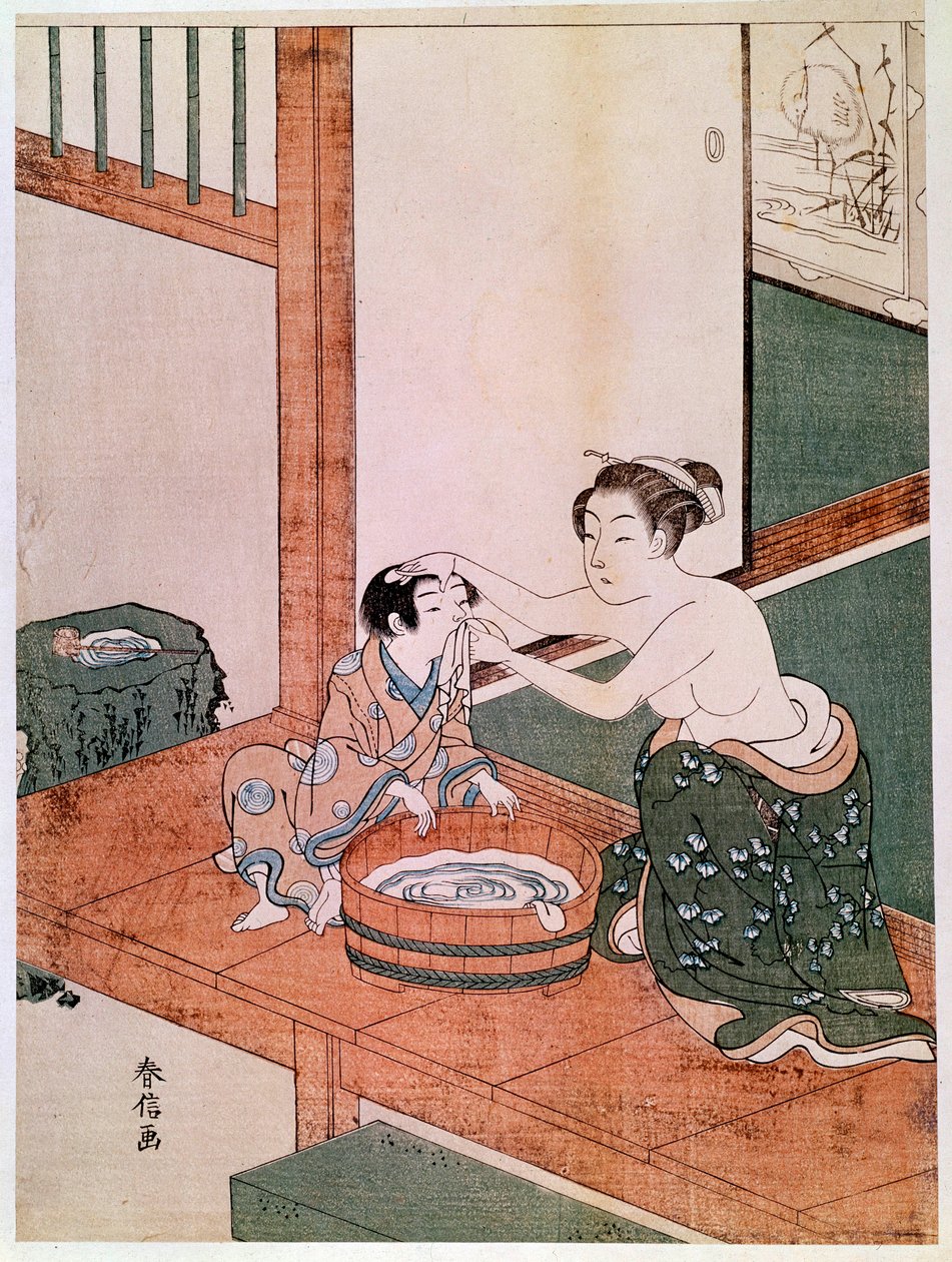 A naked mother washing her child in Japan near a basin filled with water. Prints by Haronobu Suzuki. 1766-1768. Paris, Guimet Museum, National Museum of Asian Arts by Suzuki Harunobu