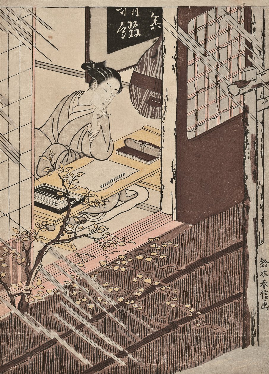 A woman seated at a writing desk looking out at the rain by Suzuki Harunobu