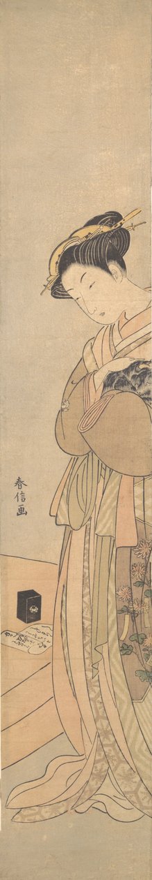 An Oiran Holding a Black Dog by Suzuki Harunobu