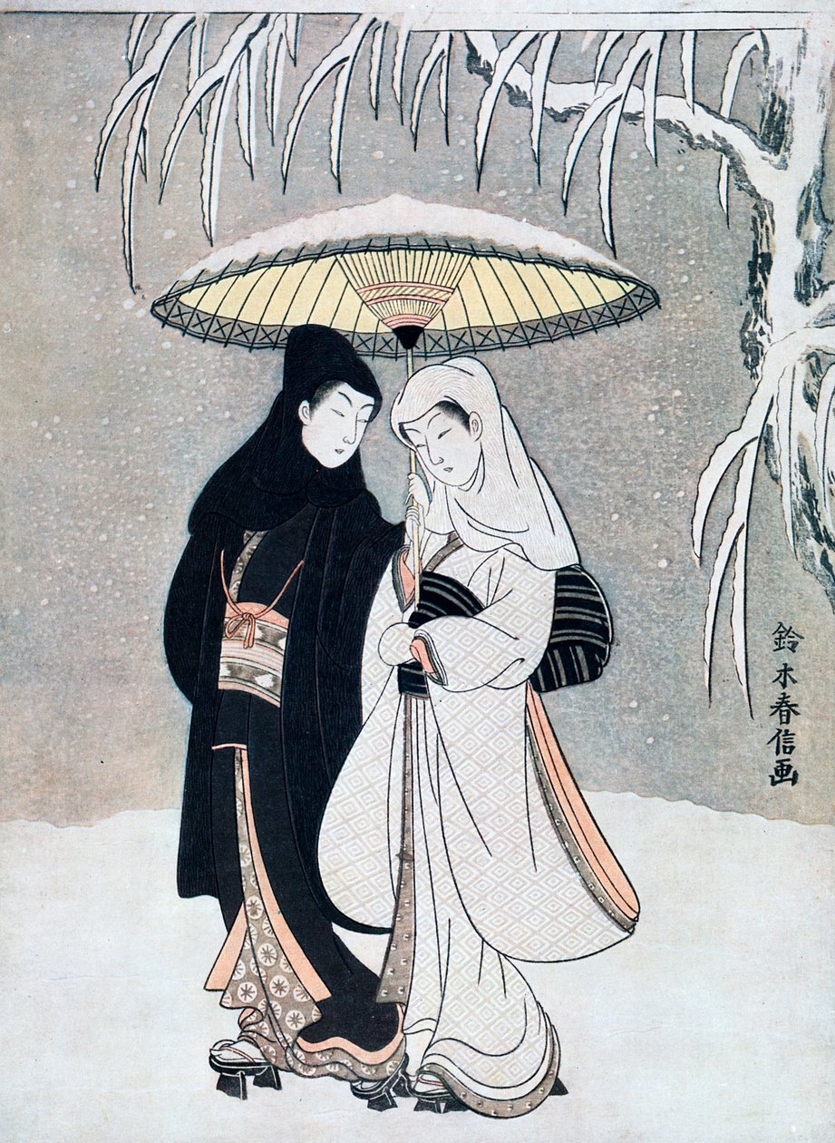 Crow and Heron, or Young Lovers Walking Together under an Umbrella in a Snowstorm, c1769 by Suzuki Harunobu