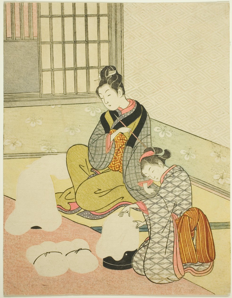Evening Snow on a Floss Shaper (Nurioke no bosetsu), from the series "Eight Views of the Parlor (Zashiki hakkei)" by Suzuki Harunobu