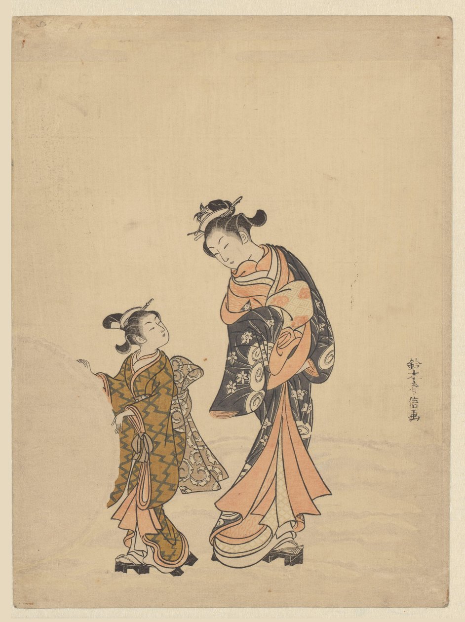 Young woman and girl with snowball by Suzuki Harunobu