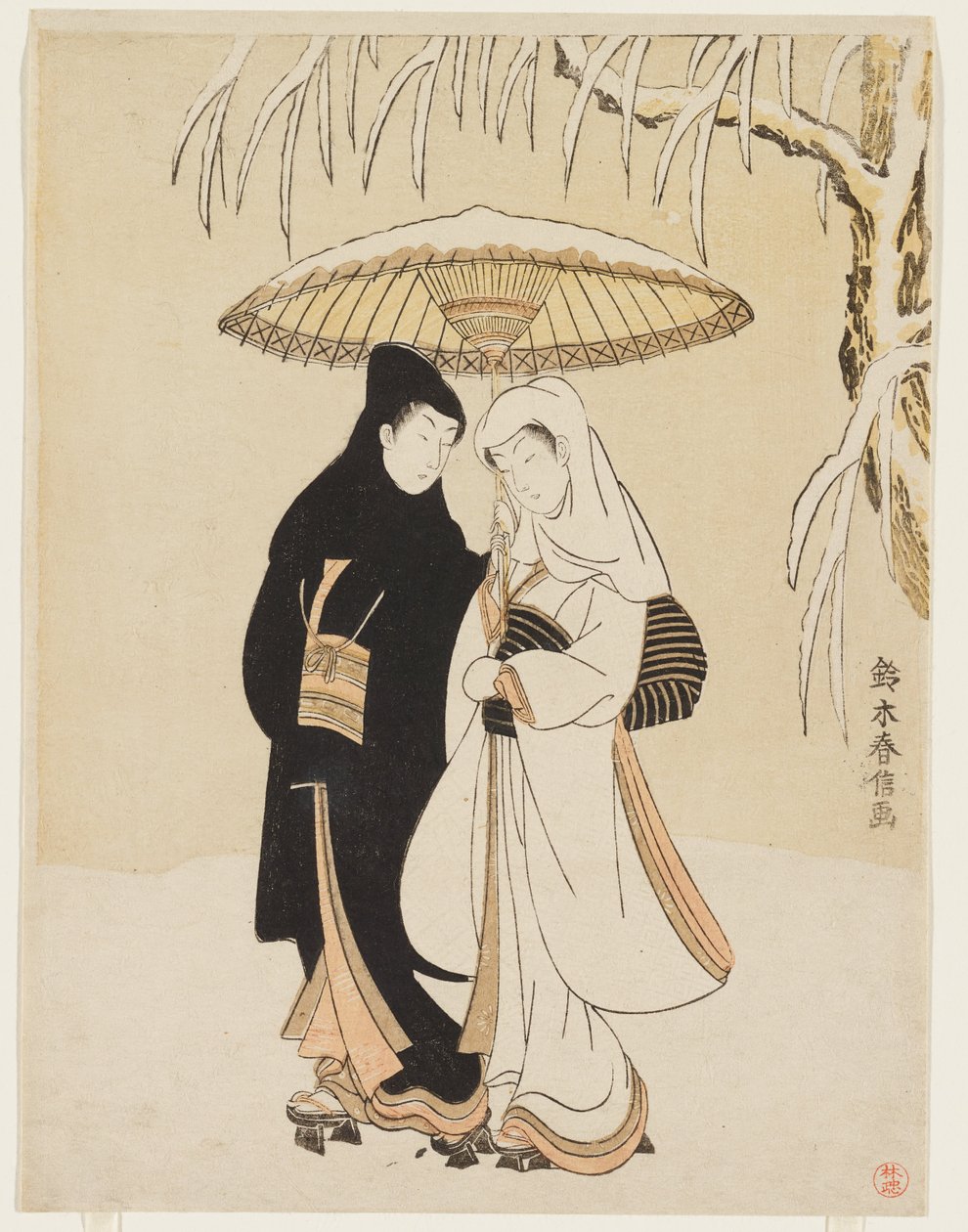 Lovers Under a Single Umbrella by Suzuki Harunobu