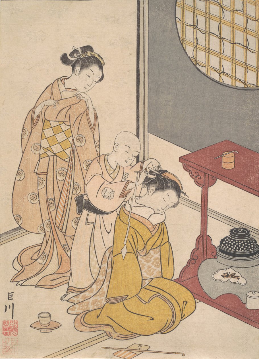 Night Rain at the Double-Shelf Stand, from the series Eight Parlor Views by Suzuki Harunobu