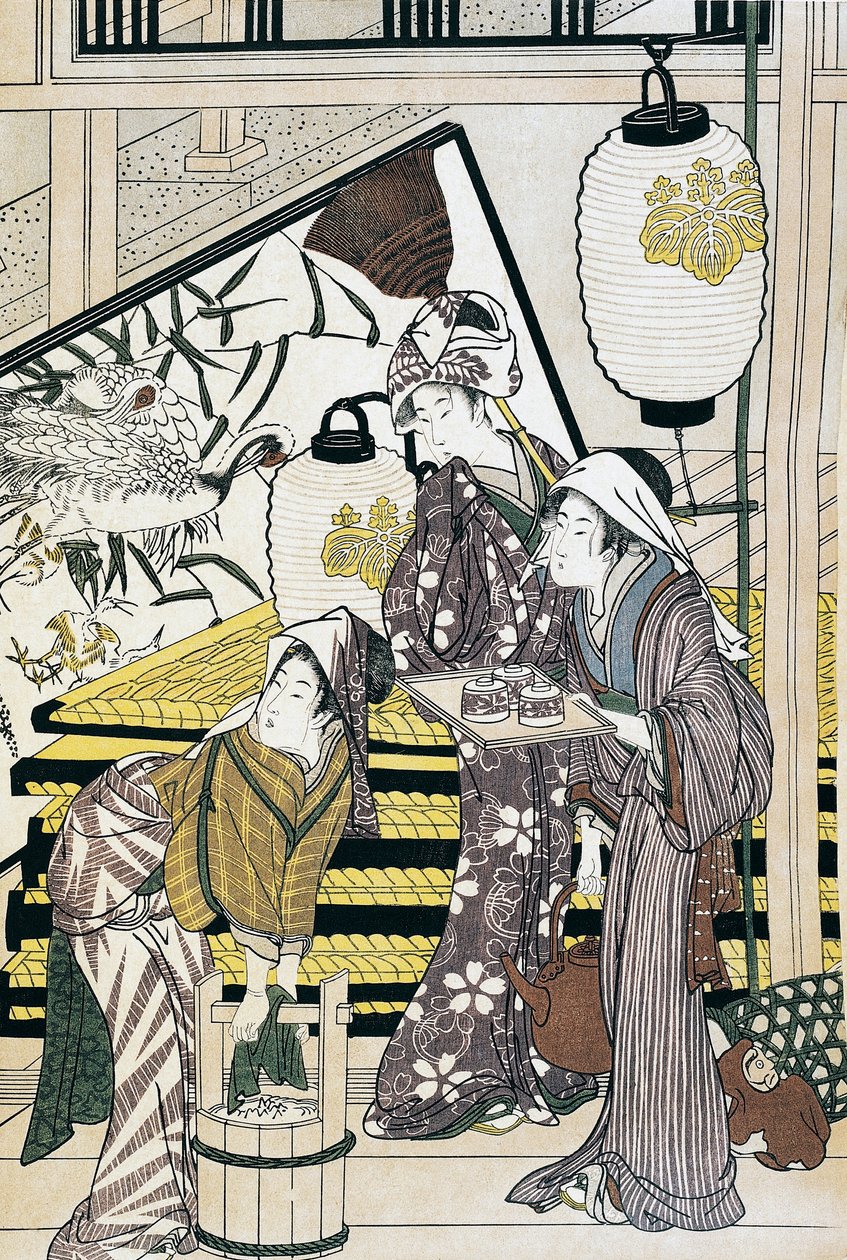 Servants toiling in home, ukiyo-e art print, Japanese civilization, Edo period by Suzuki Harunobu
