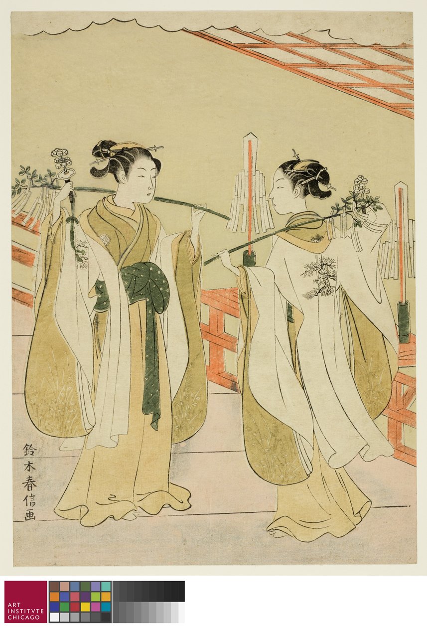 Shrine Maidens Onami and Ohatsu Dancing at Yushima Tenjin Shrine by Suzuki Harunobu