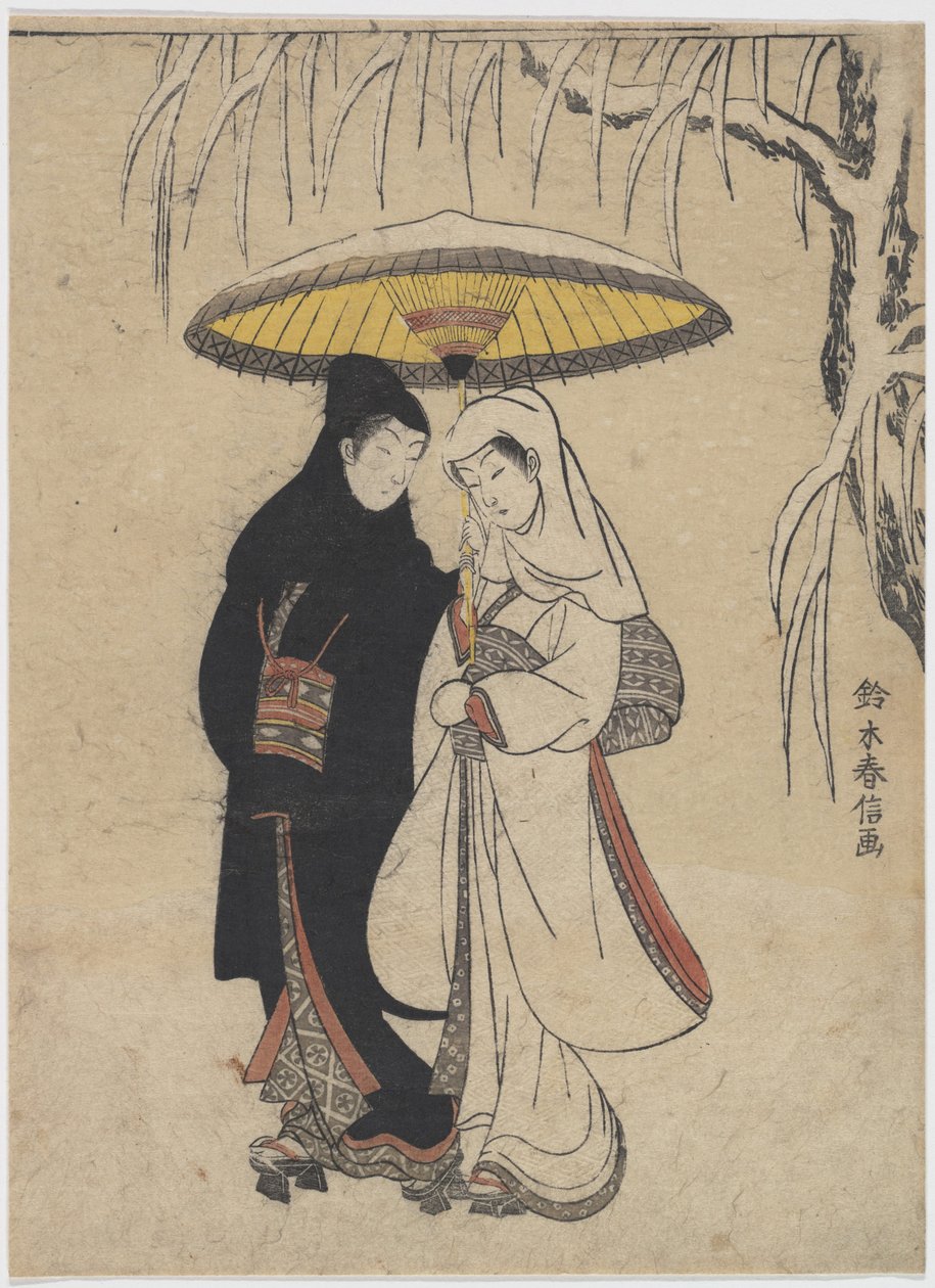 Young Lovers Walking Together under an Umbrella in a Snow Storm by Suzuki Harunobu