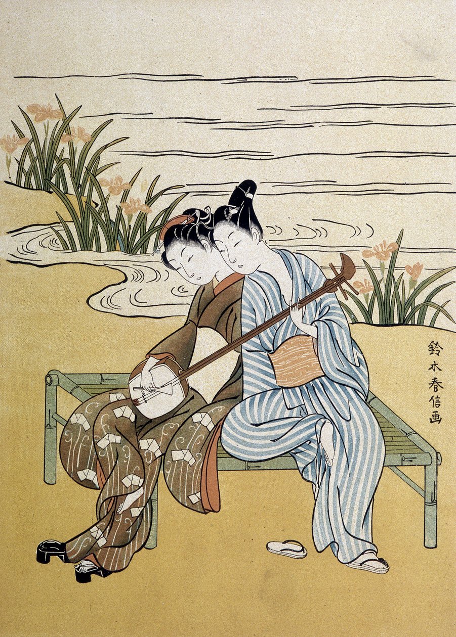 The shamisen: couple playing shamisen (or samisen: long sleeve lute with three strings) - by Harunobu, in 