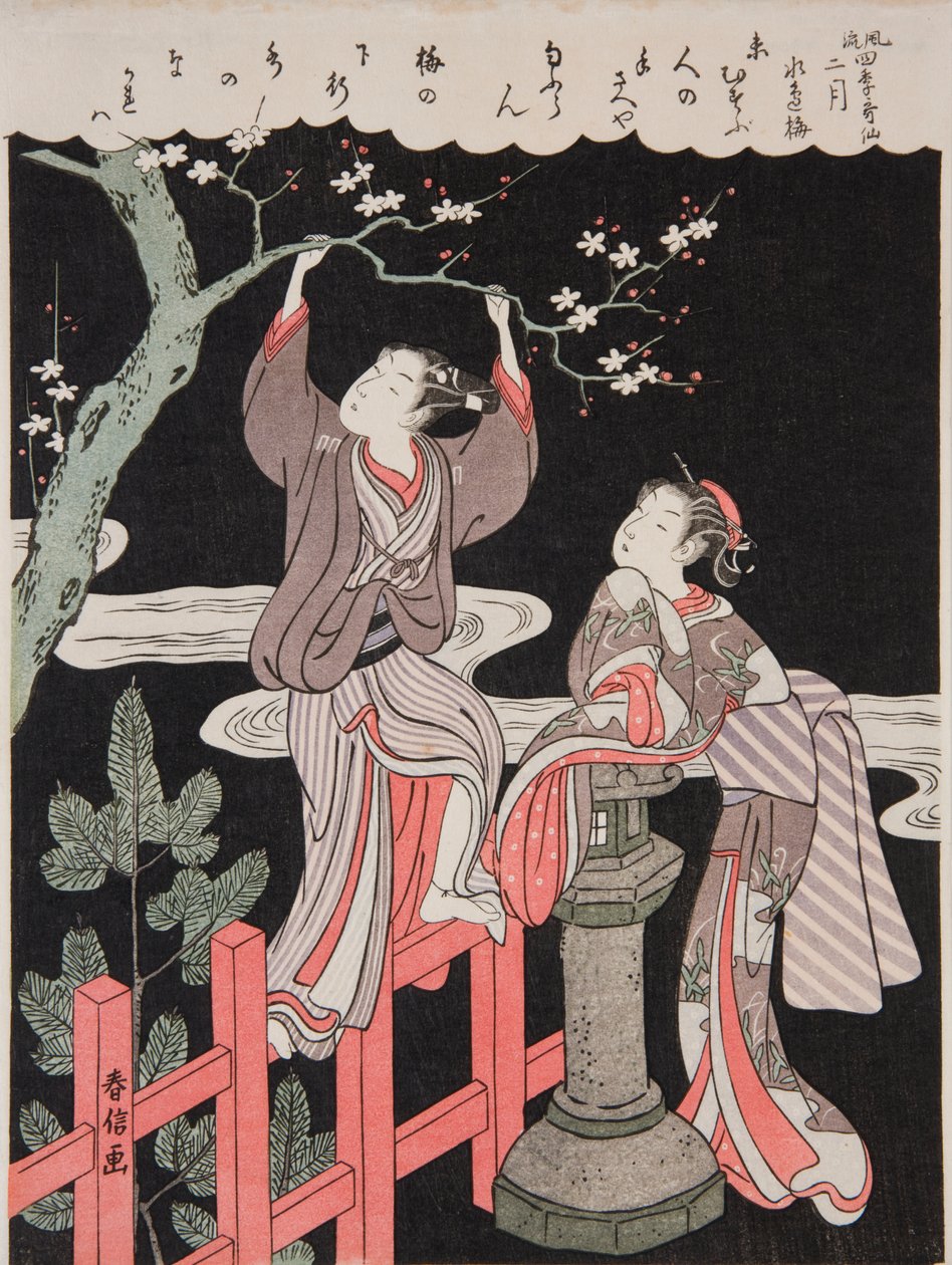 Spring (February). Youth Picking a Branch of Blooming Plum for His Beloved, from the Series: Elegant Poems of the Four Seasons / Furyu Shiki Kasen by Suzuki Harunobu
