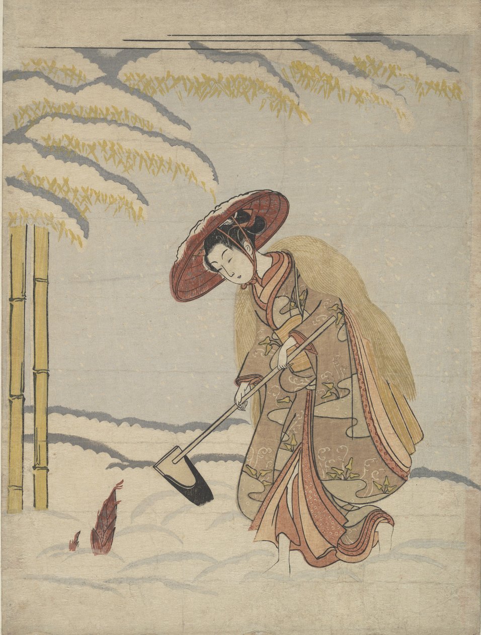 Woman Digging Bamboo Shoots in the Snow, or Parody of Meng Zong Moso, from Twenty-Four Paragons of Filial Piety by Suzuki Harunobu