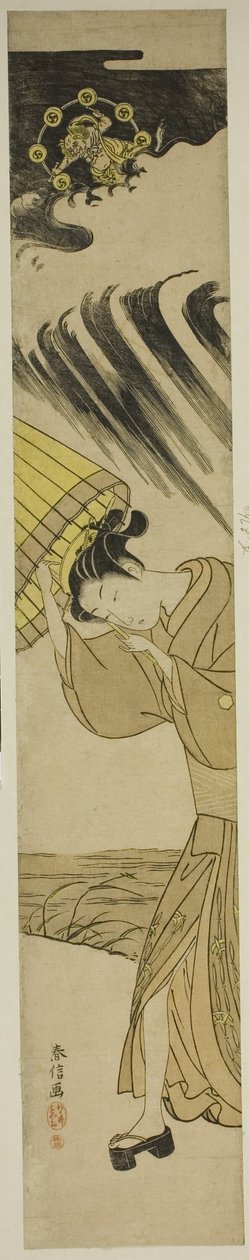Woman Opening Umbrella as Thunder Approaches by Suzuki Harunobu