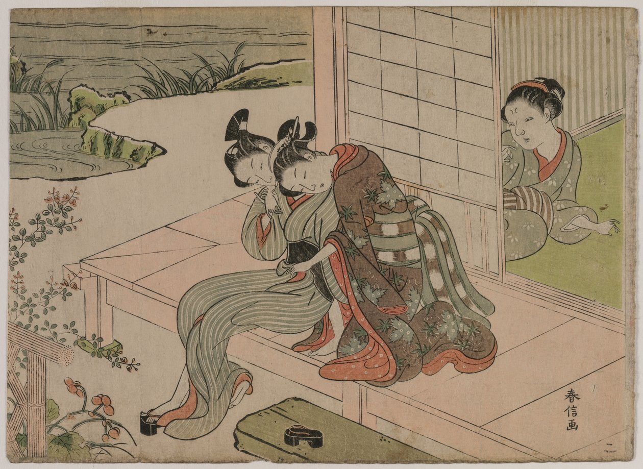 Woman Watching Young Couple Embrace on a Veranda by Suzuki Harunobu