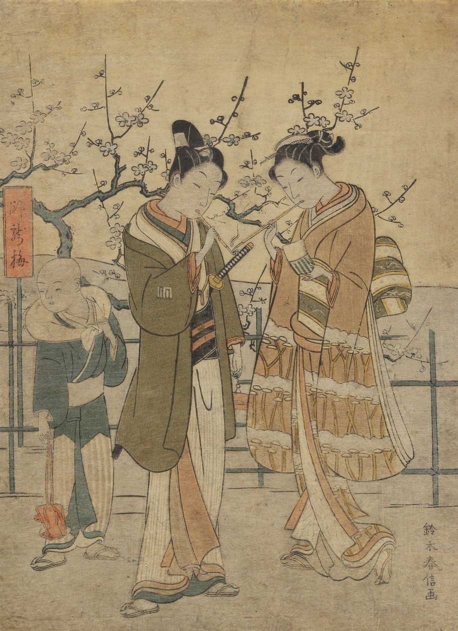 Young Couple Lighting Pipes beside the Sleeping Dragon Plum Tree by Suzuki Harunobu