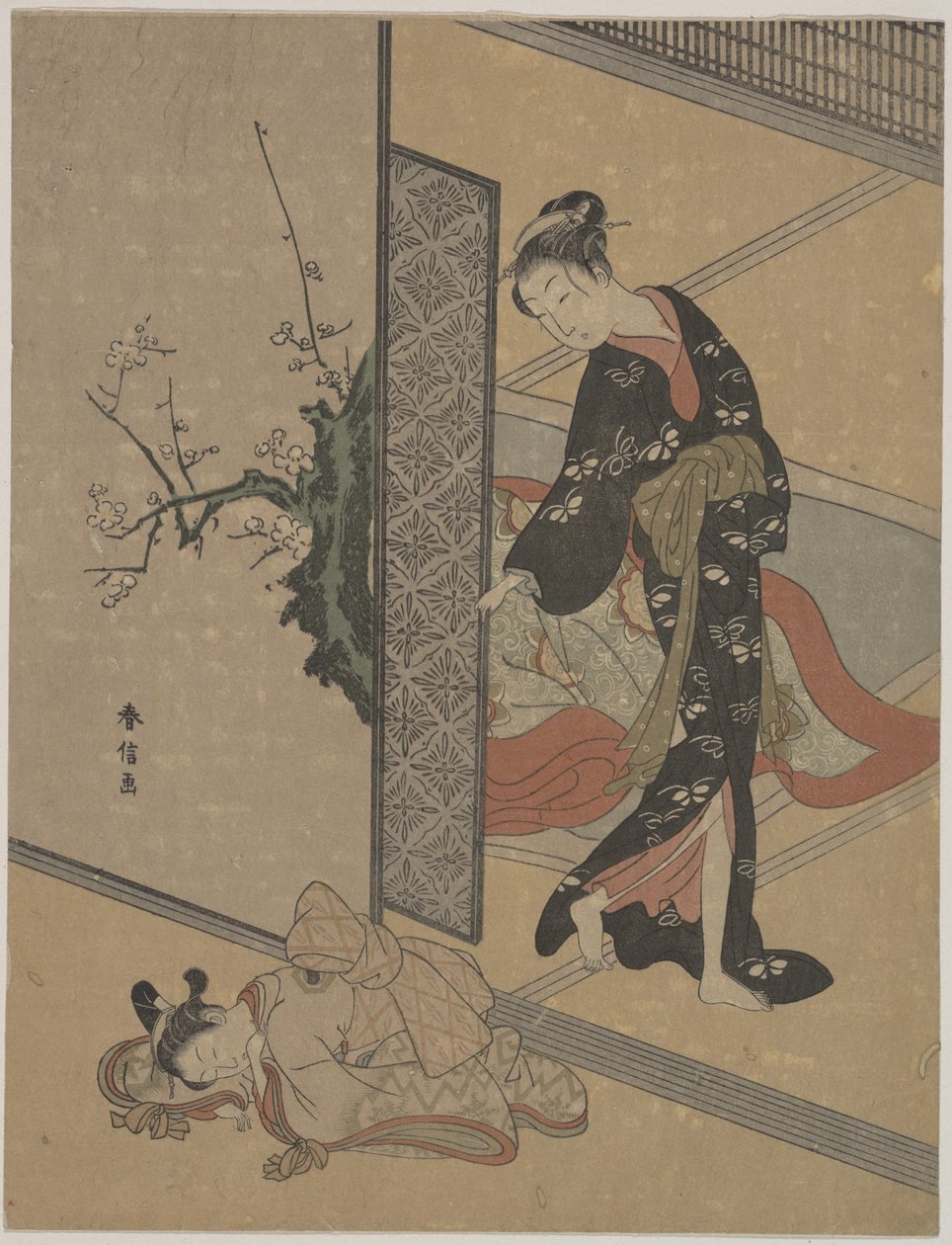 Young Lady Looking through Door at Her Kamuro (Little Servant) who is Asleep on the Floor by Suzuki Harunobu
