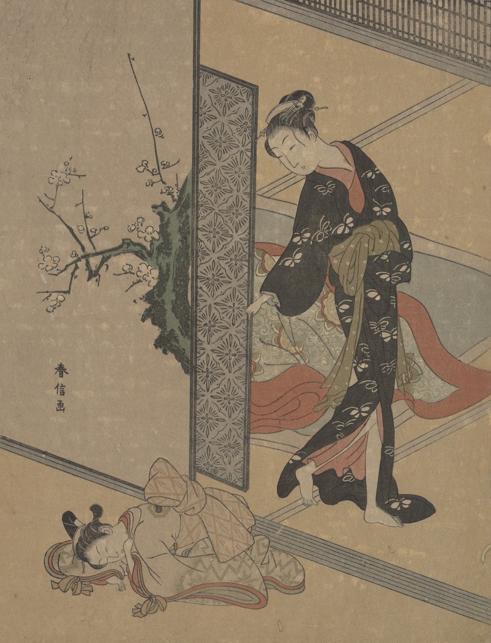 Young Lady Looking through Door at Her Kamuro Little Servant who is Asleep on the Floor by Suzuki Harunobu