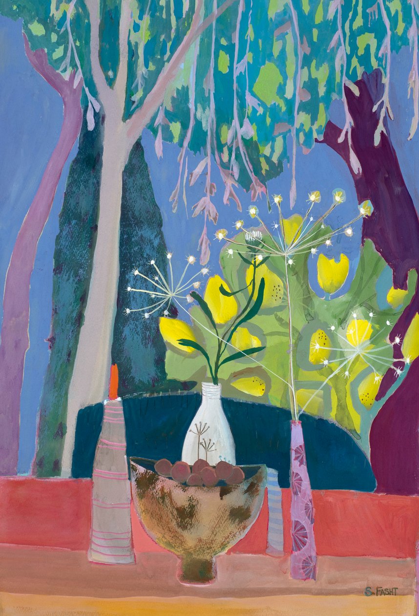 Still Life with Bowl and Three Vases with a Backdrop of Trees by Suzy Fasht