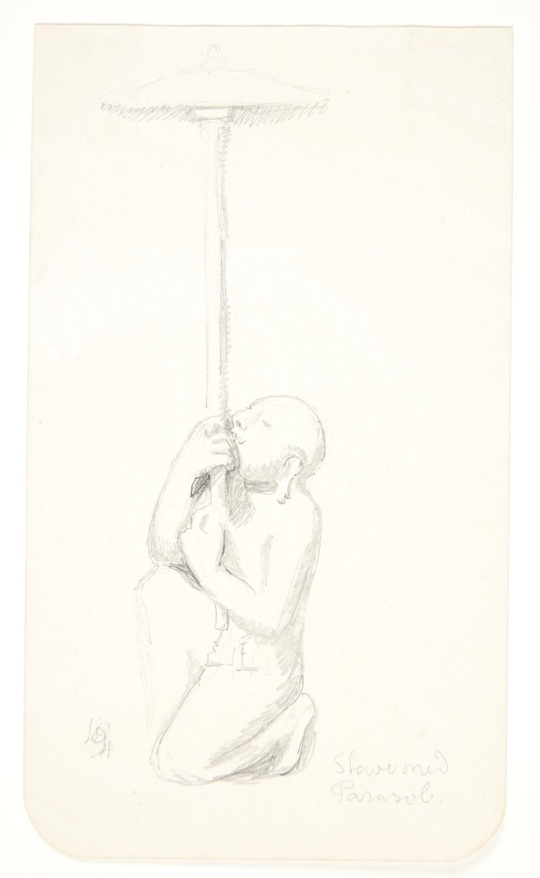 "Slave with Parasol". Study Sheet after Reliefs in Borobudur, Java. by Svend Rathsack