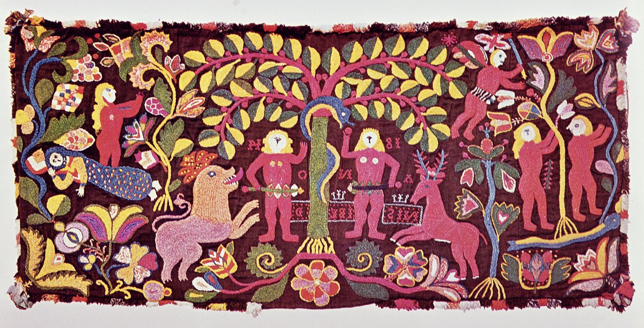 Carriage Cushion Cover Depicting the Fall of Man, Creation of Eve and the Expulsion of Paradise, from Akarp, Skane, Sweden, c.1814 by Swedish School