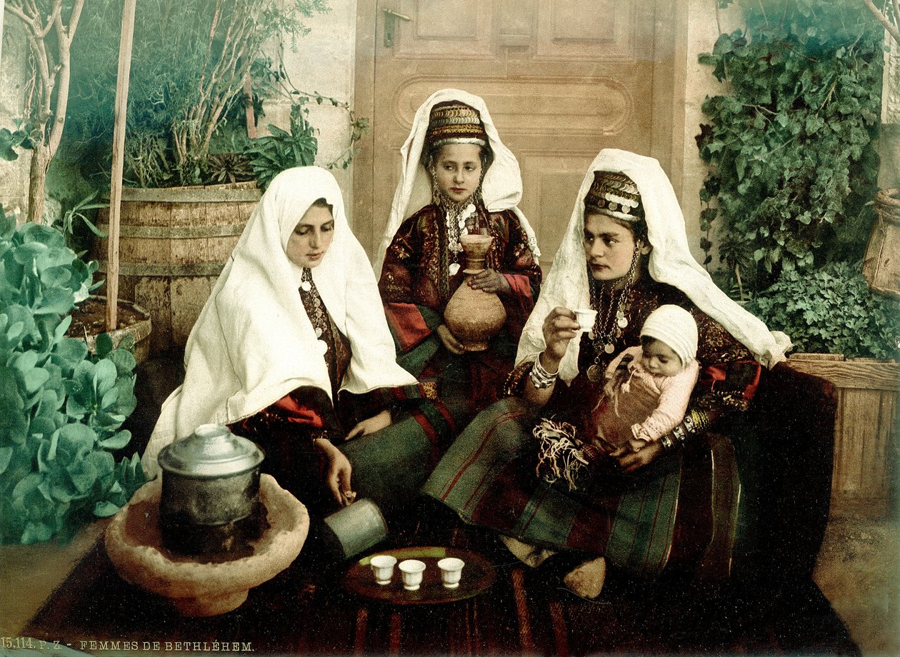 Group of Arab women from Bethlehem drinking coffee by Swiss Photographer