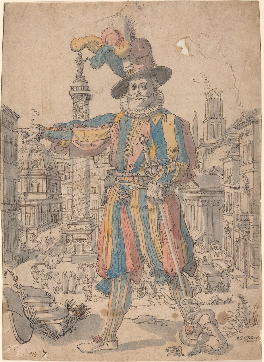 Giovanni Grosso of the Swiss Guards Standing before a View of Rome by Swiss 17th Century after Francesco Villamena