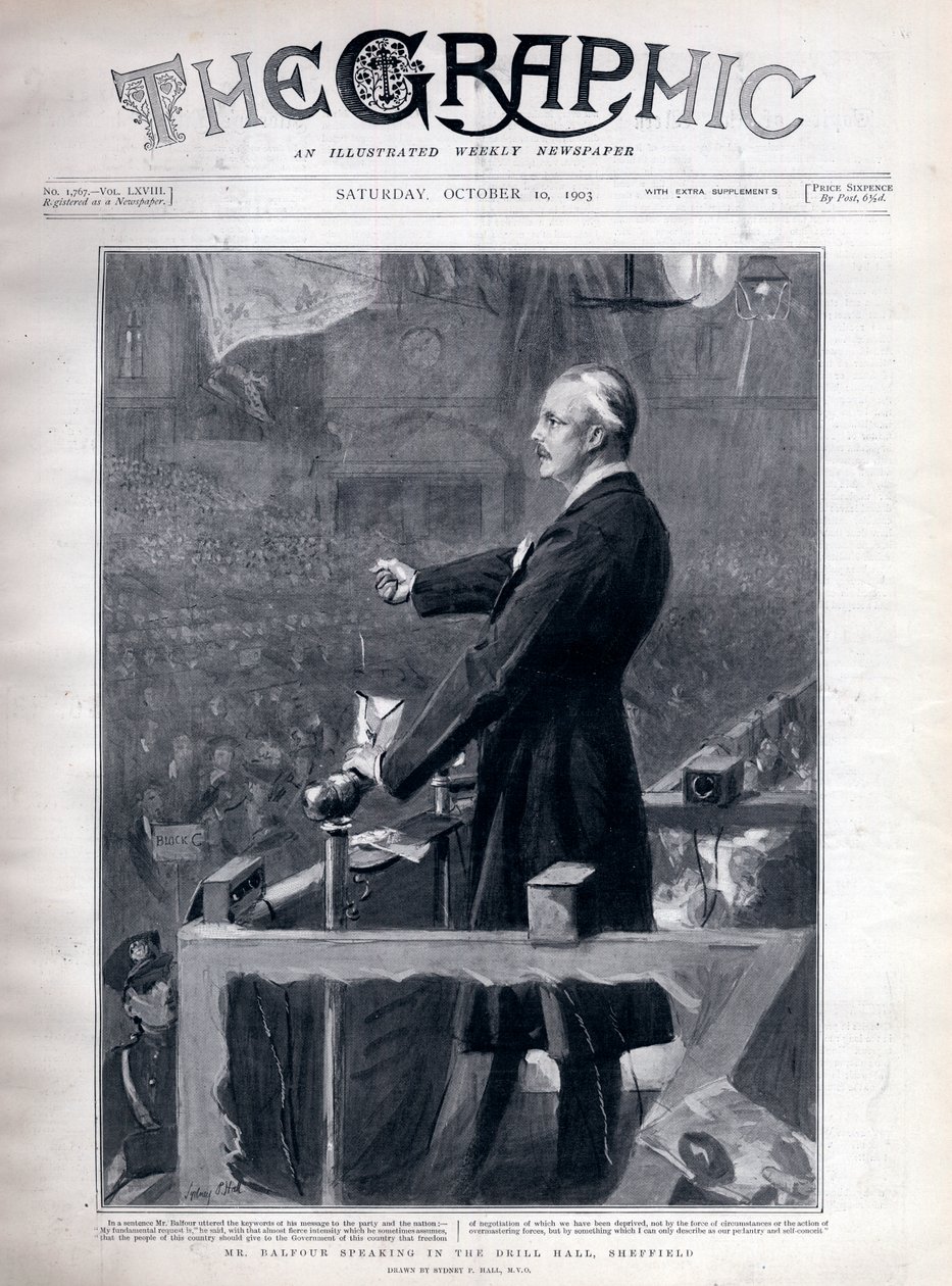 Arthur James Balfour (1848-1930), British politician and statesman speaking in the drill hall, Sheffield by Sydney Prior Hall