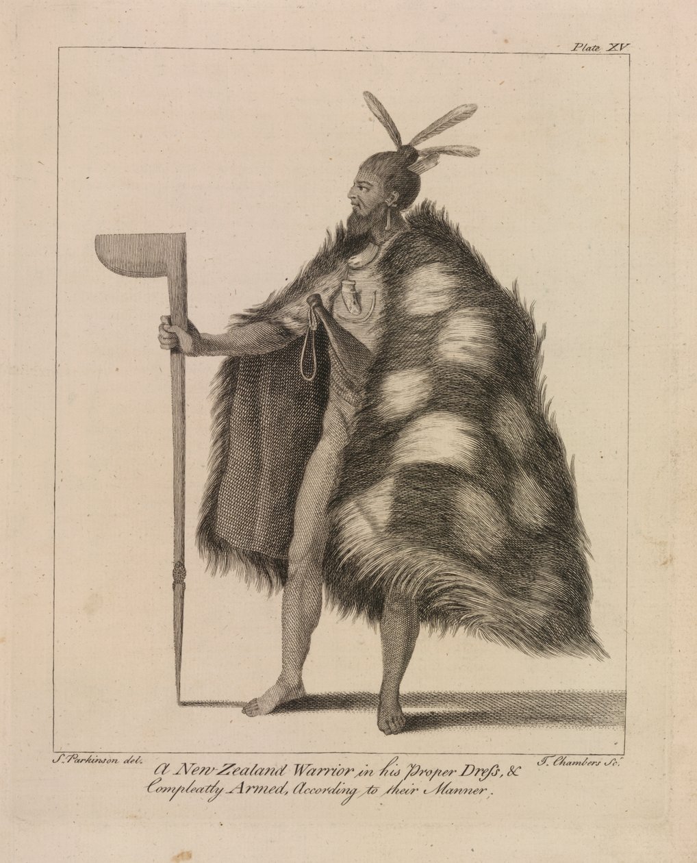 A New Zealand warrior in his proper dress and completely armed according to their manner by Sydney (after) Parkinson