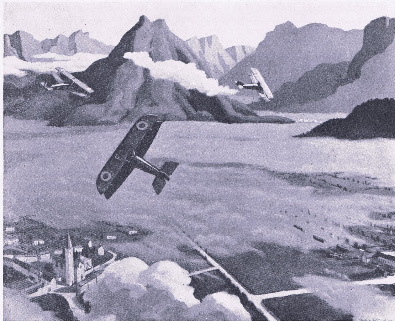 British scouts leaving their aerodrome on patrol over Asiago Plateau, Italy by Sydney Carline