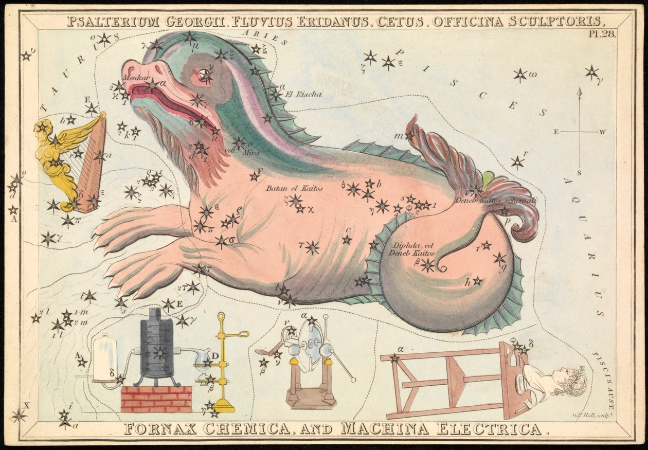 Psalterium Georgii, Fluvius Eridanus, Cetus, Officina Sculptories, Fornax Chemica and Machina Electrica, c.1825 by Sydney Hall