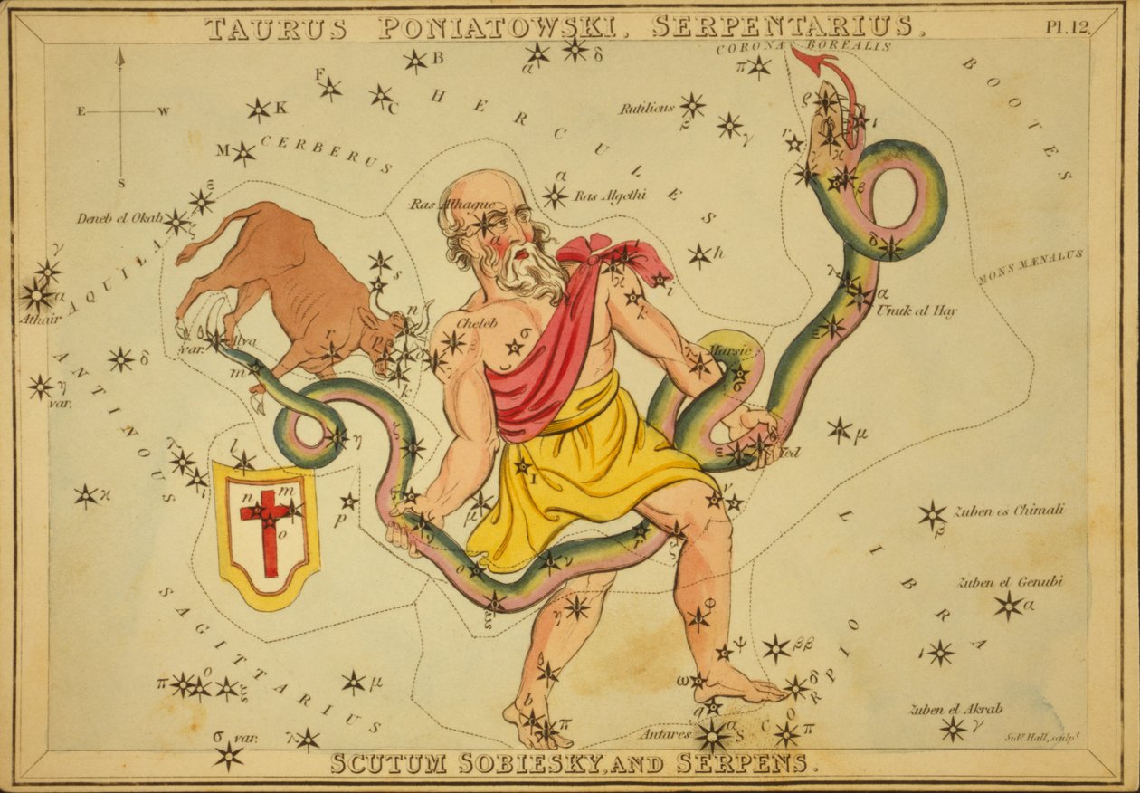 Taurus Poniatowski, Serpentarius, Scutum Sobiesky, and Serpens, Illustration from 