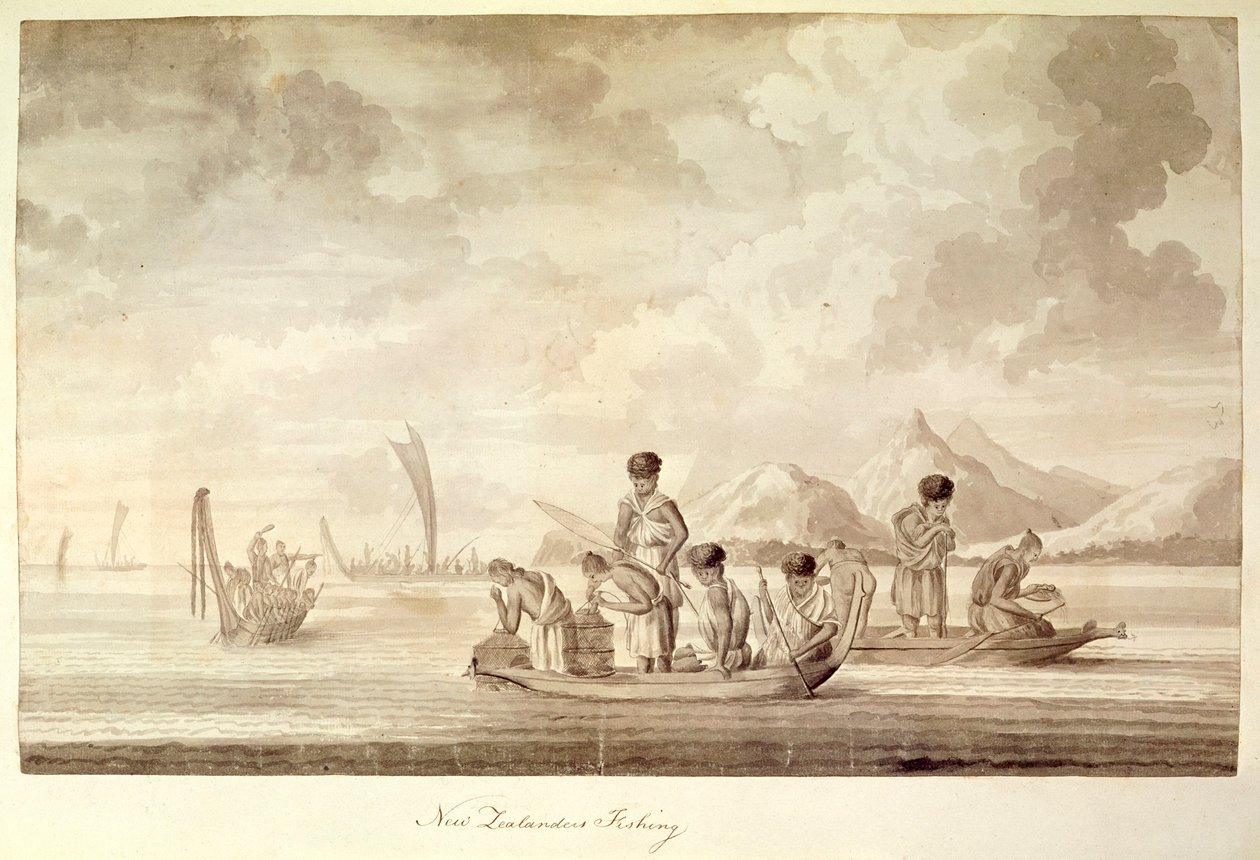 New Zealanders fishing, January 1770 by Sydney Parkinson