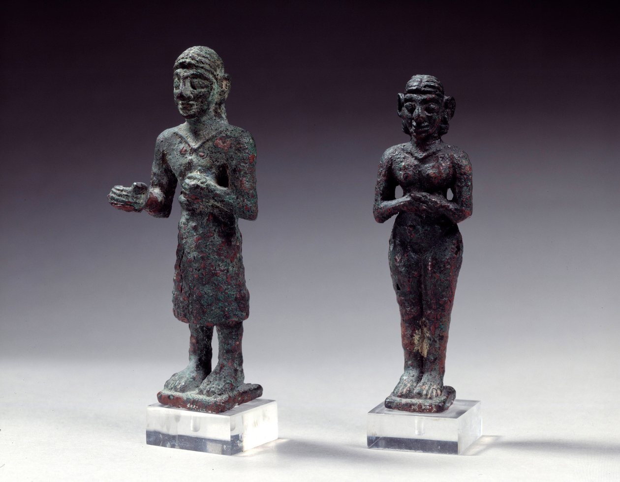 Statuettes of Worshipers and Goddess in Bronze by Syrian Syrian