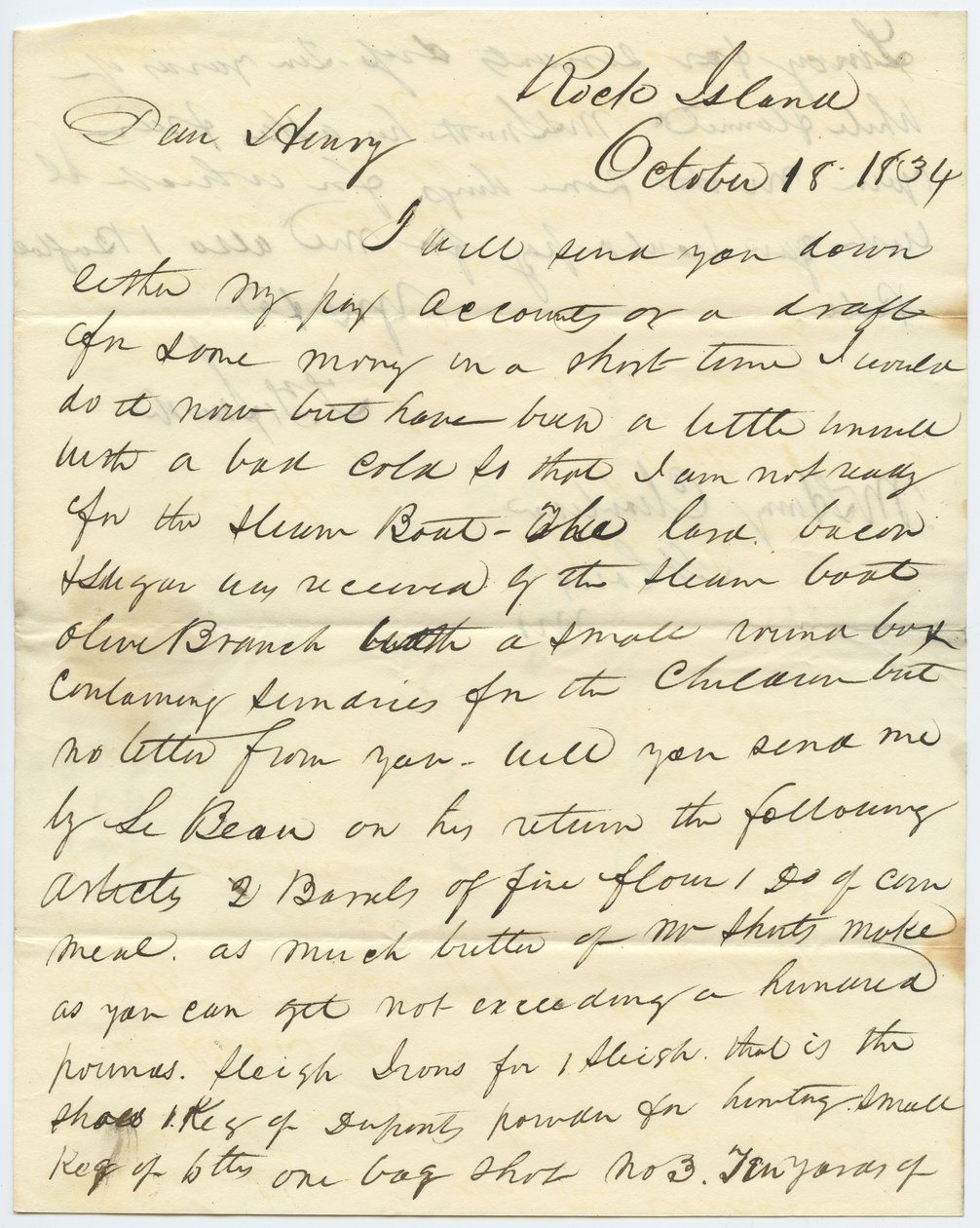 Letter signed T.F. Smith, Rock Island, to Henry Chouteau, St. Louis, Mo., October 18, 1834 by T.F. Smith